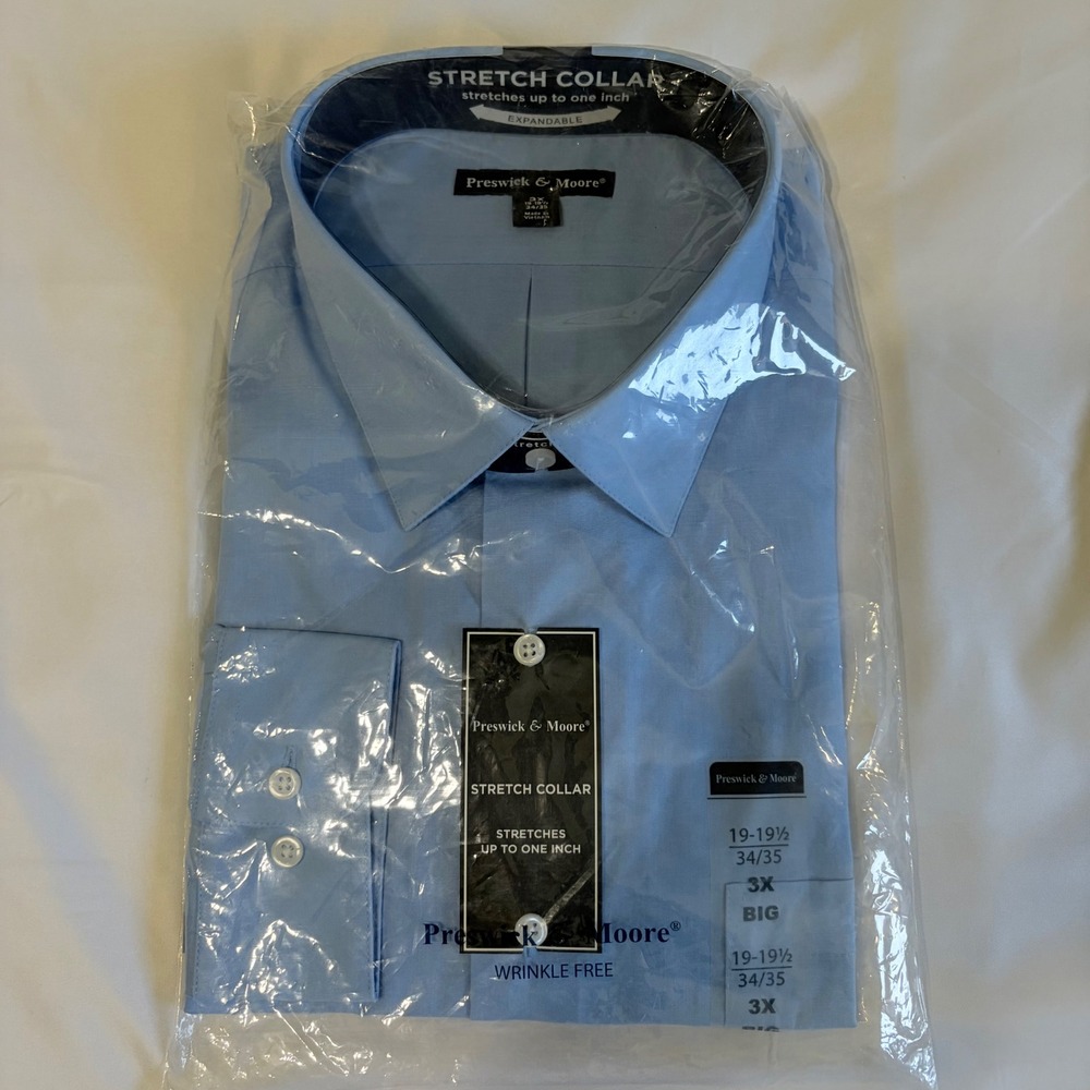 Preswick & Moore Mens 3X Big Blue Wrinkle Free Stretch Collar Dress Shirt 34/35